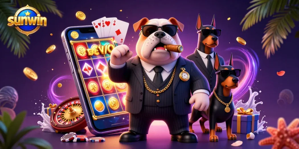 Experience exciting gambling at Sunwin with a mafia boss bulldog and animated casino games.
