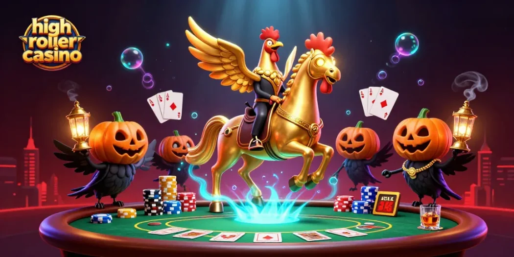 Experience the excitement of a high roller casino with golden rooster in a vibrant gaming scene.