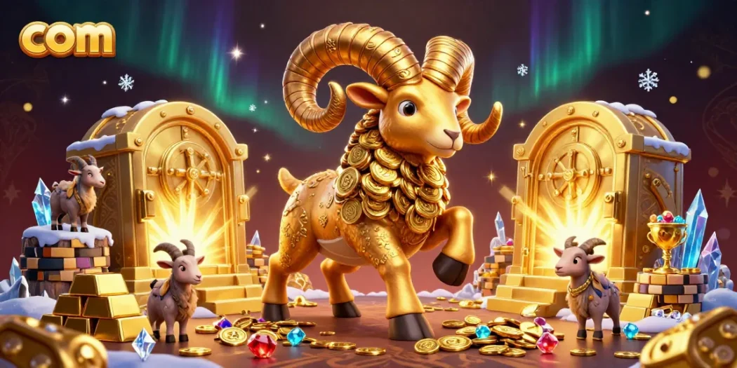 Win big at com with a vibrant scene showcasing golden ram and riches amid shimmering effects.