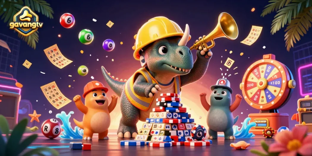 Join the celebration with gavangtv as a triceratops builds poker chip towers amidst vibrant lottery elements.